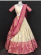 Cream And Pink Banarasi Silk Traditional Wear Half Saree Lehenga