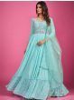 Exceptional Sky-Blue Mirror Work Silk Gown With Dupatta