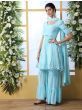 Sky Blue Mirror Embroidered Georgette Party Wear Frock Gharara Suit