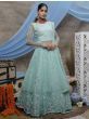 Aqua Blue Thread and Stone Work Net Long Party Wear Gown