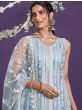 Steel Blue Lucknowi Work Net Party Wear Straight Salwar Suit