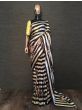 Black Striped Floral Satin Silk Party Wear Saree With Yellow Blouse
