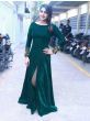 Green Embroidered Velvet Party Wear Side Cut Gown