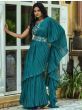 Glamorous Teal Blue Ruffle Work Chinon Saree With Embroidered Blouse