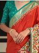 Lavish Red And Sea Green Thread Embroidery Patola Saree With Blouse