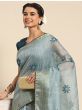 Captivating Sky Blue Thread Embroidered Poly Cotton Saree