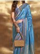 Beautiful Blue Zari Weaving Satin Wedding Wear Saree With Blouse