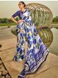 Astonishing White & Blue Digital Printed Satin Party Wear Saree
