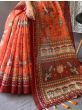 Perfect Orange Kalamkari Print Malai Cotton Occasions Saree With Blouse