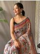 Perfect Ash-Grey Kalamkari Print Cotton Occasion Saree With Blouse