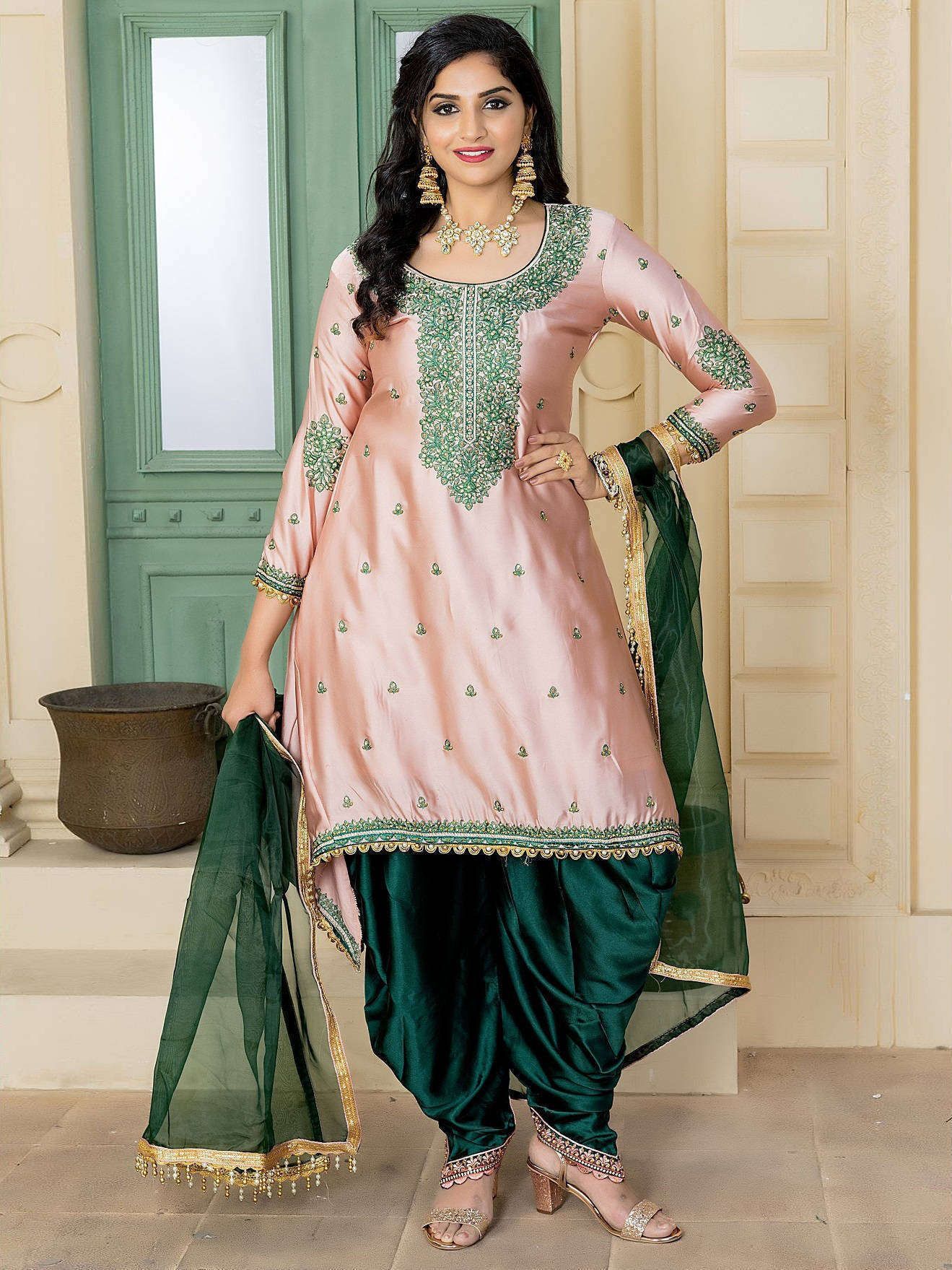 Bottle Green Thread Embroidered Satin Silk Dhoti Style Suit With Dupatta