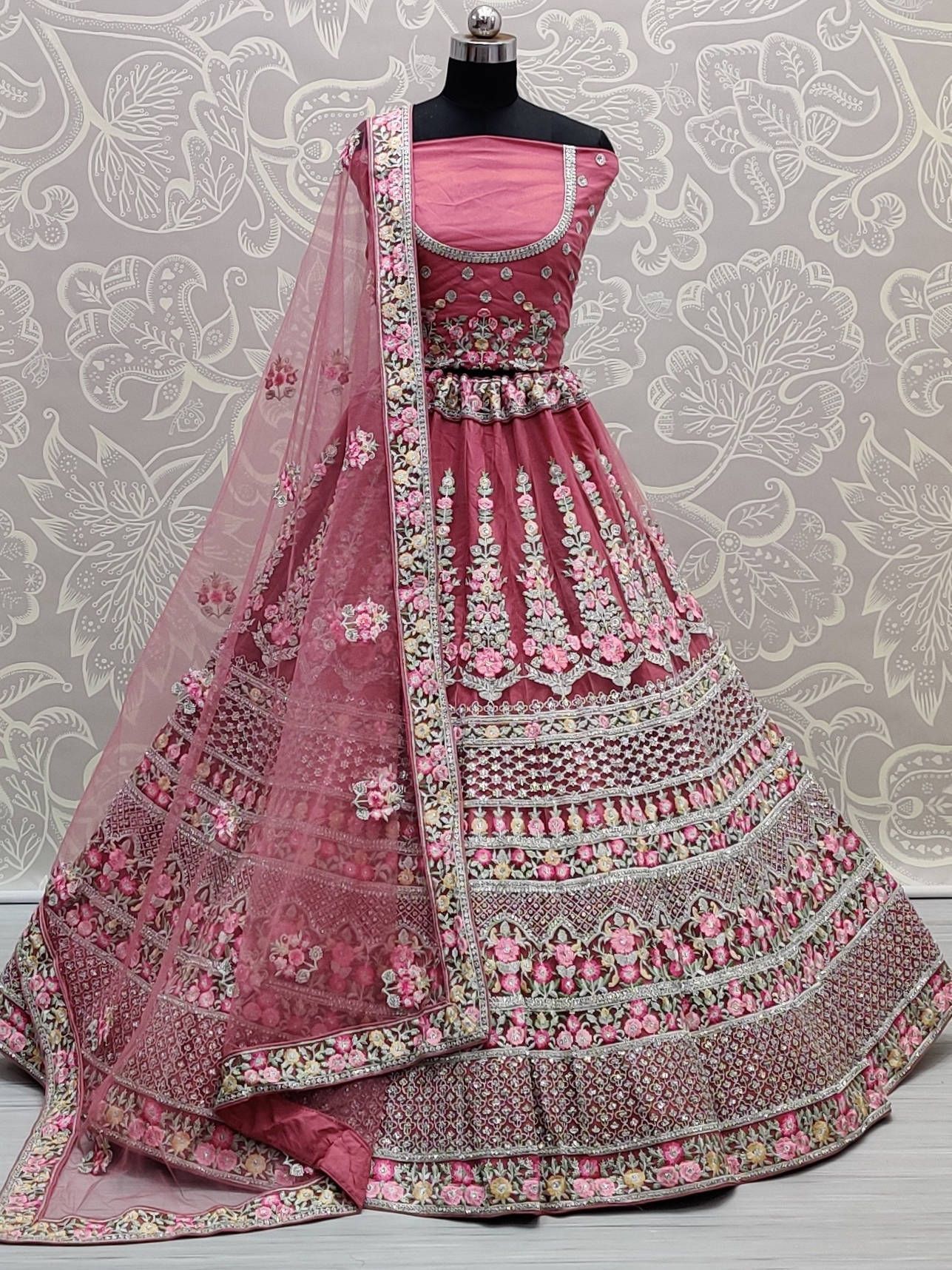 Pink Diamond Embroidered Net Wedding Wear Lehenga Choli