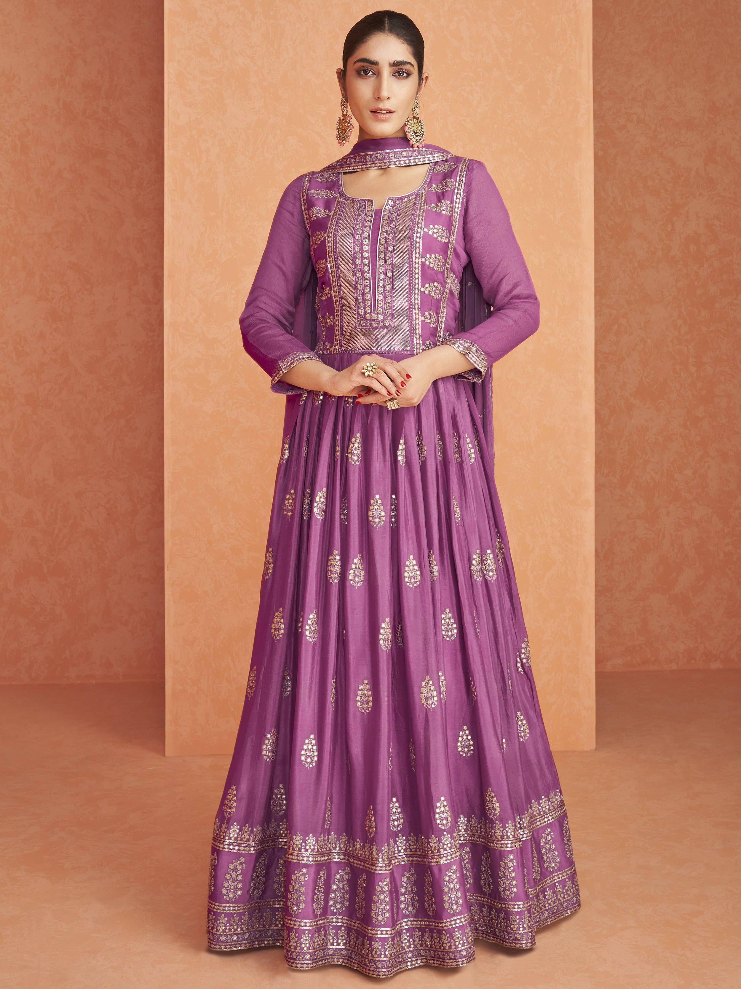 Alluring Purple Foil Mirror Work Georgette Ready-Made Anarkali Gown