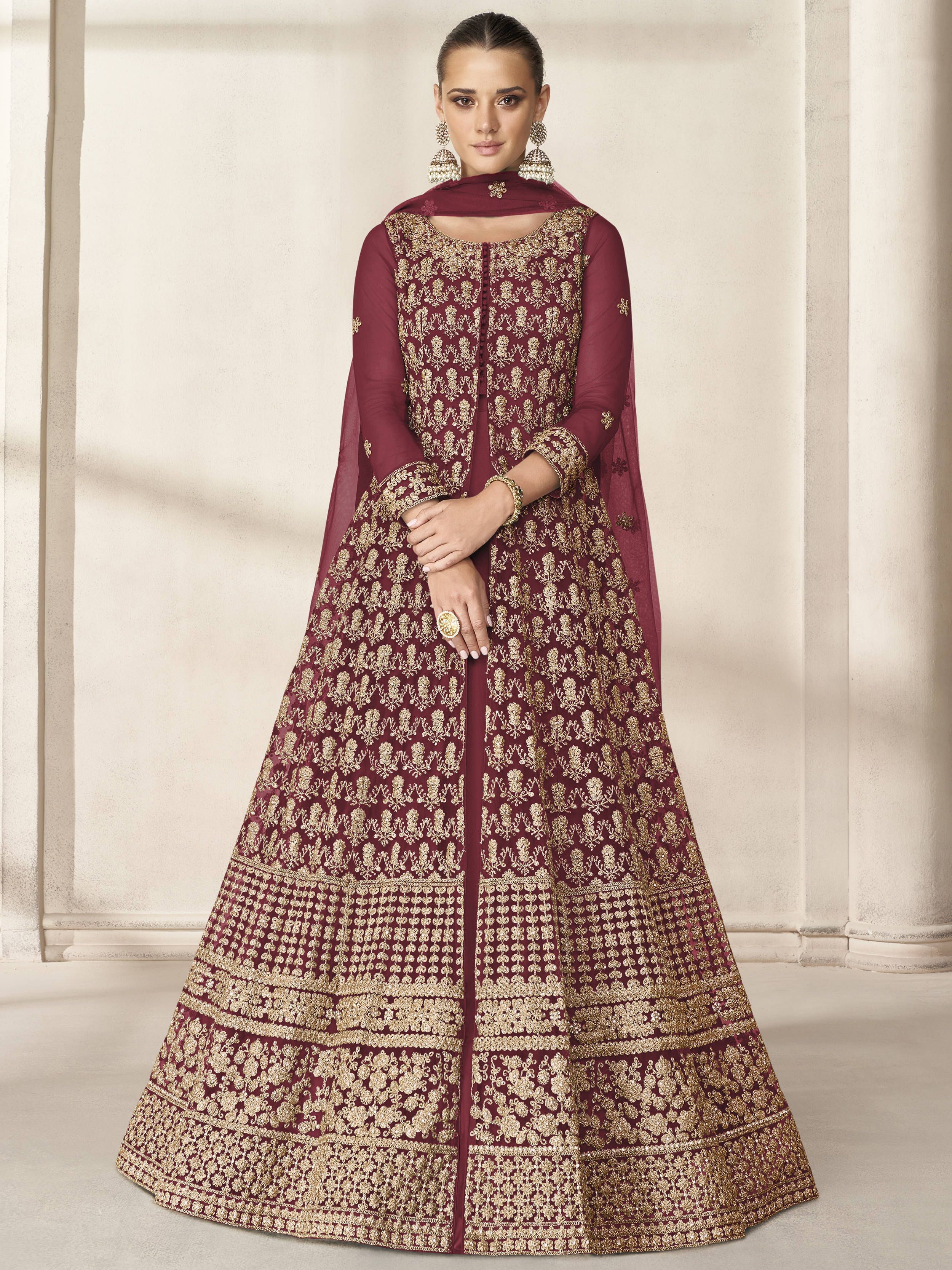 Lovely Maroon Embroidered Net Party Wear Anarkali Gown