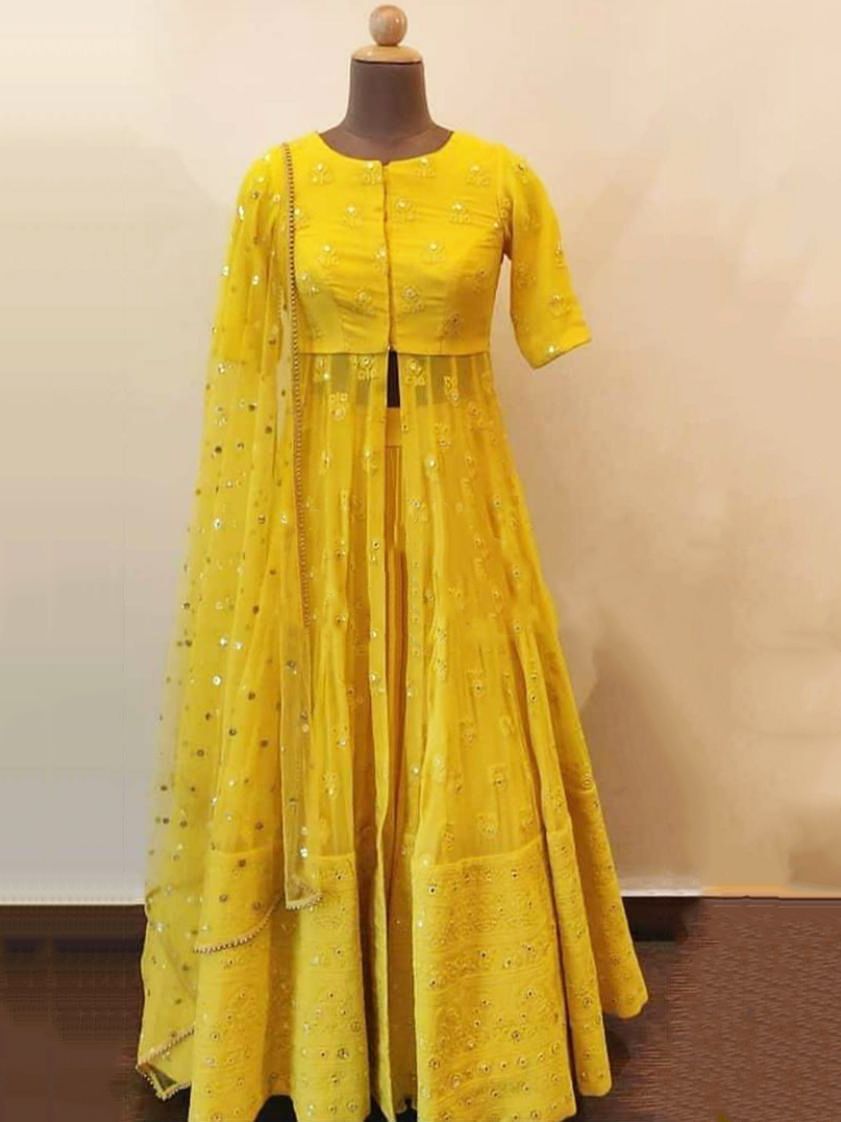 Yellow Mirror Work Indo-Western Lehenga With Jacket Style Top