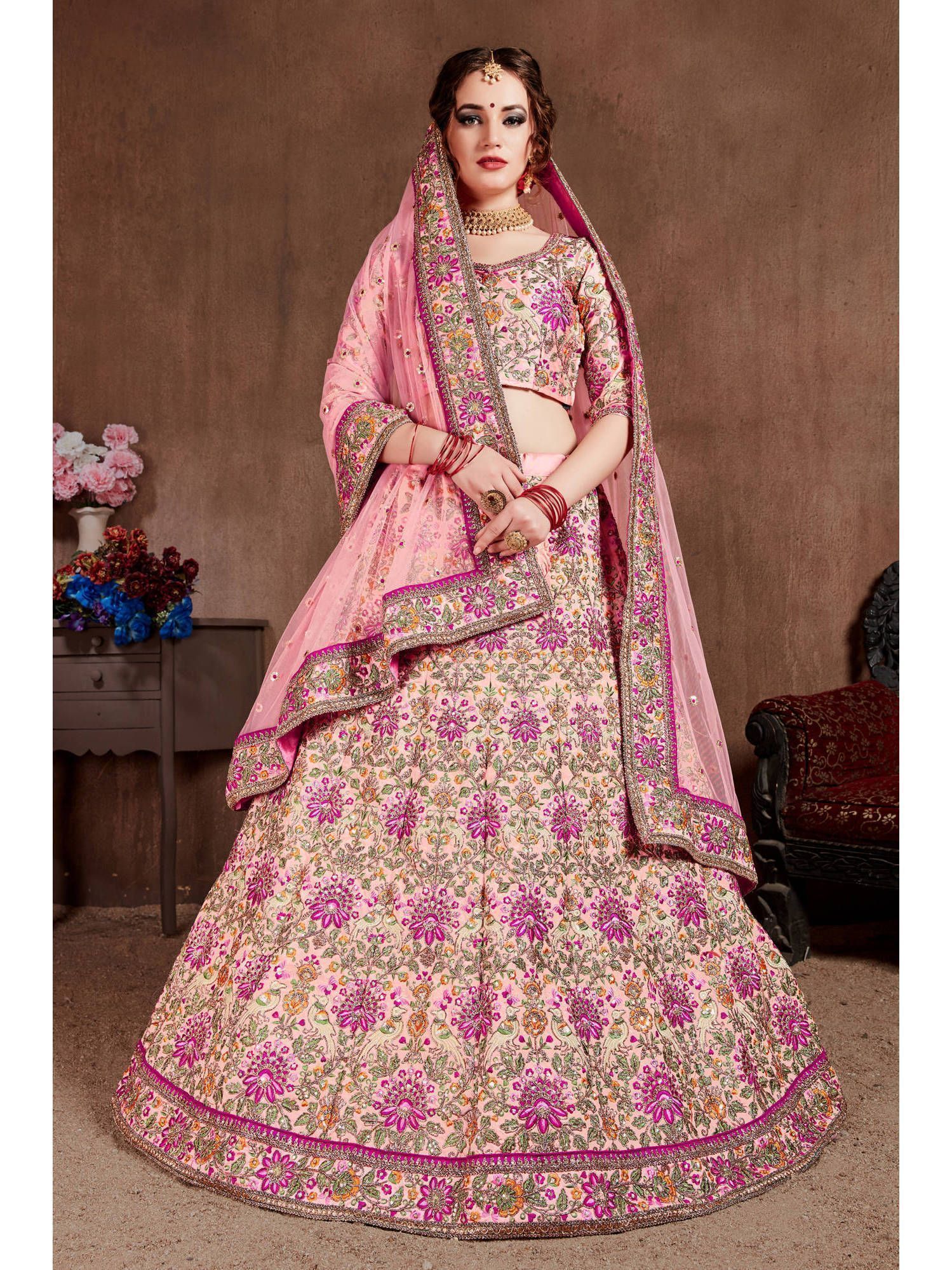 Pastel Pink Embroidered Bridal Wear Lehenga Choli (Default)