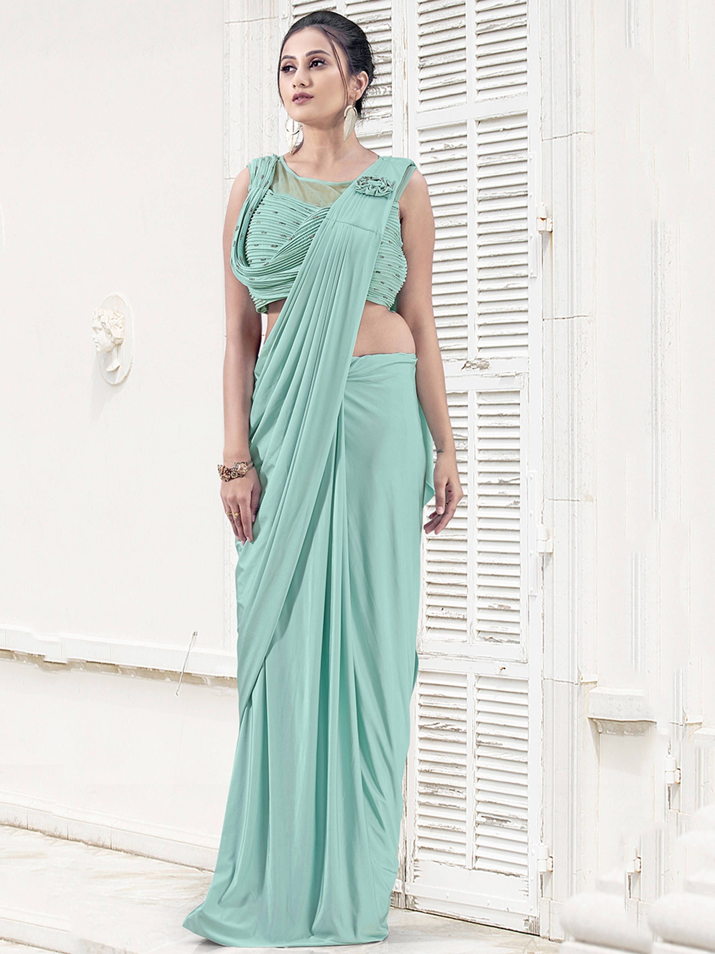 Excellent Green Ready-To-Wear Lycra Party Wear Saree