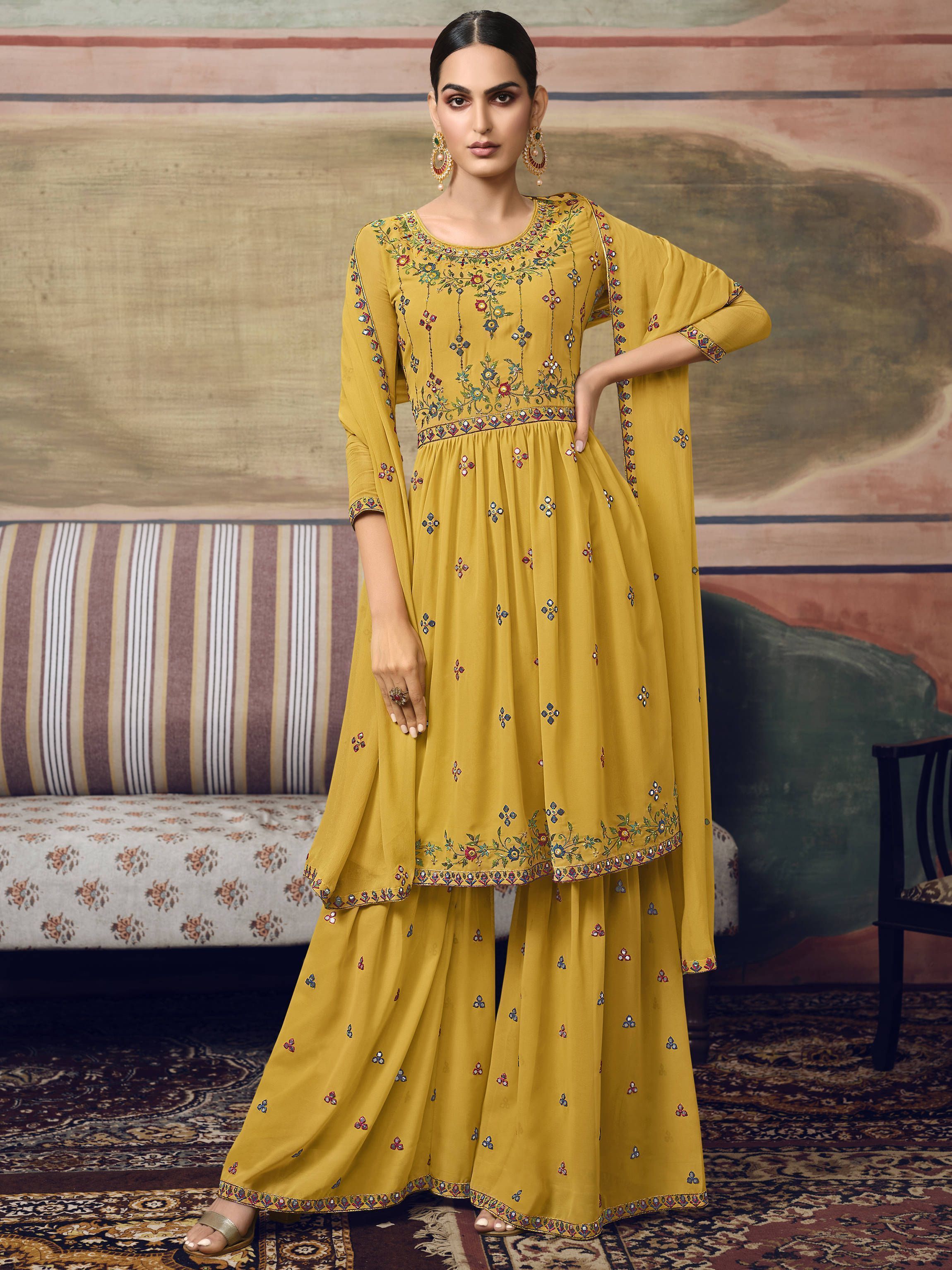Lovely Yellow Thread Embroidered Georgette Party Wear Sharara Suit
