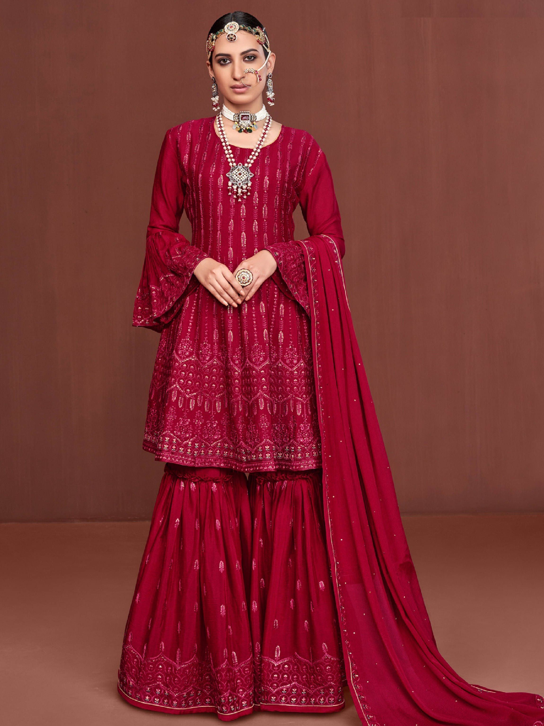 Pleasant Dark Pink Sequins Embroidered Chinon Festive Sharara Suit
