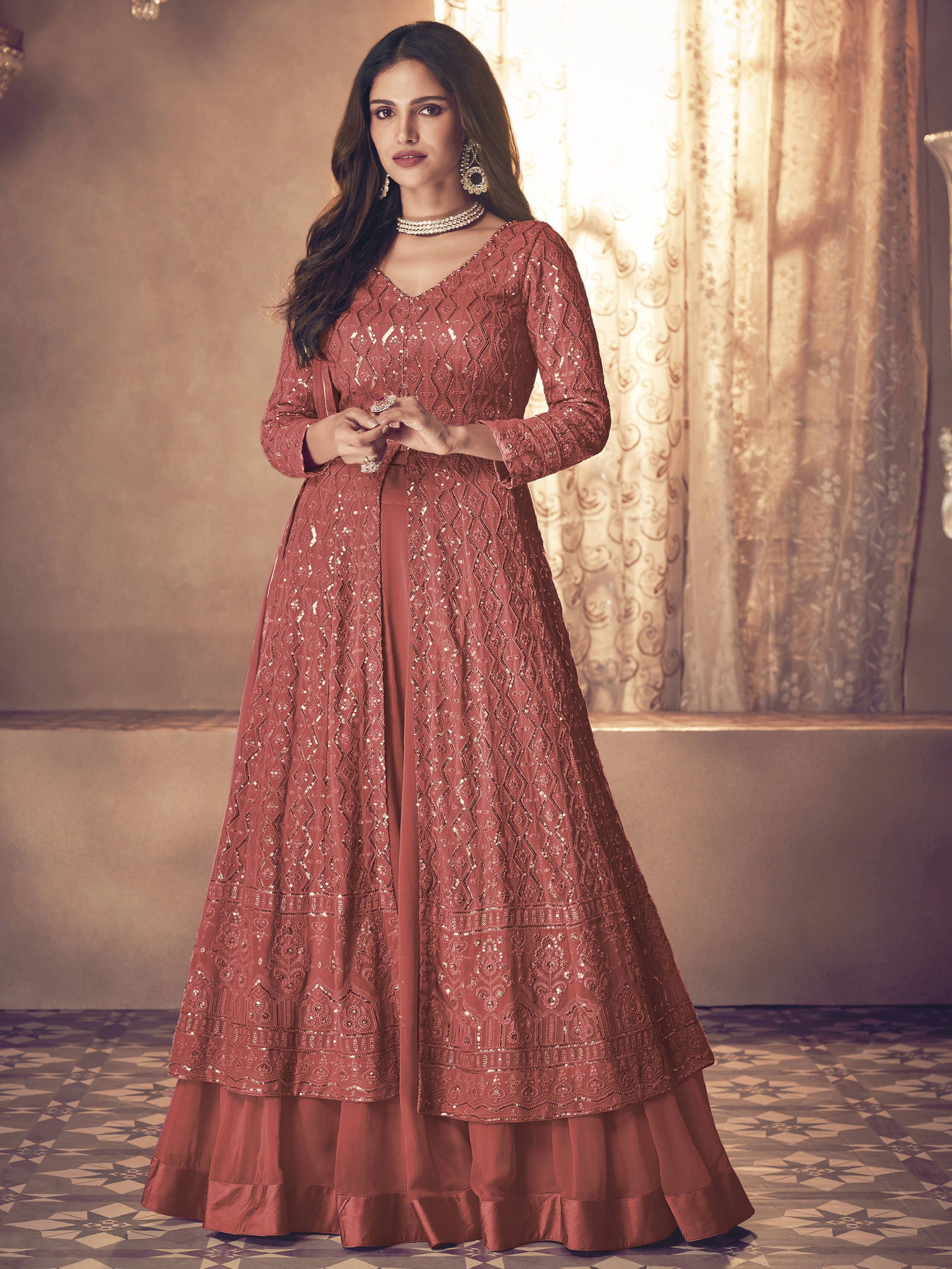Alluring Red Sequins Work Georgette Ready-Made Lehenga Suit