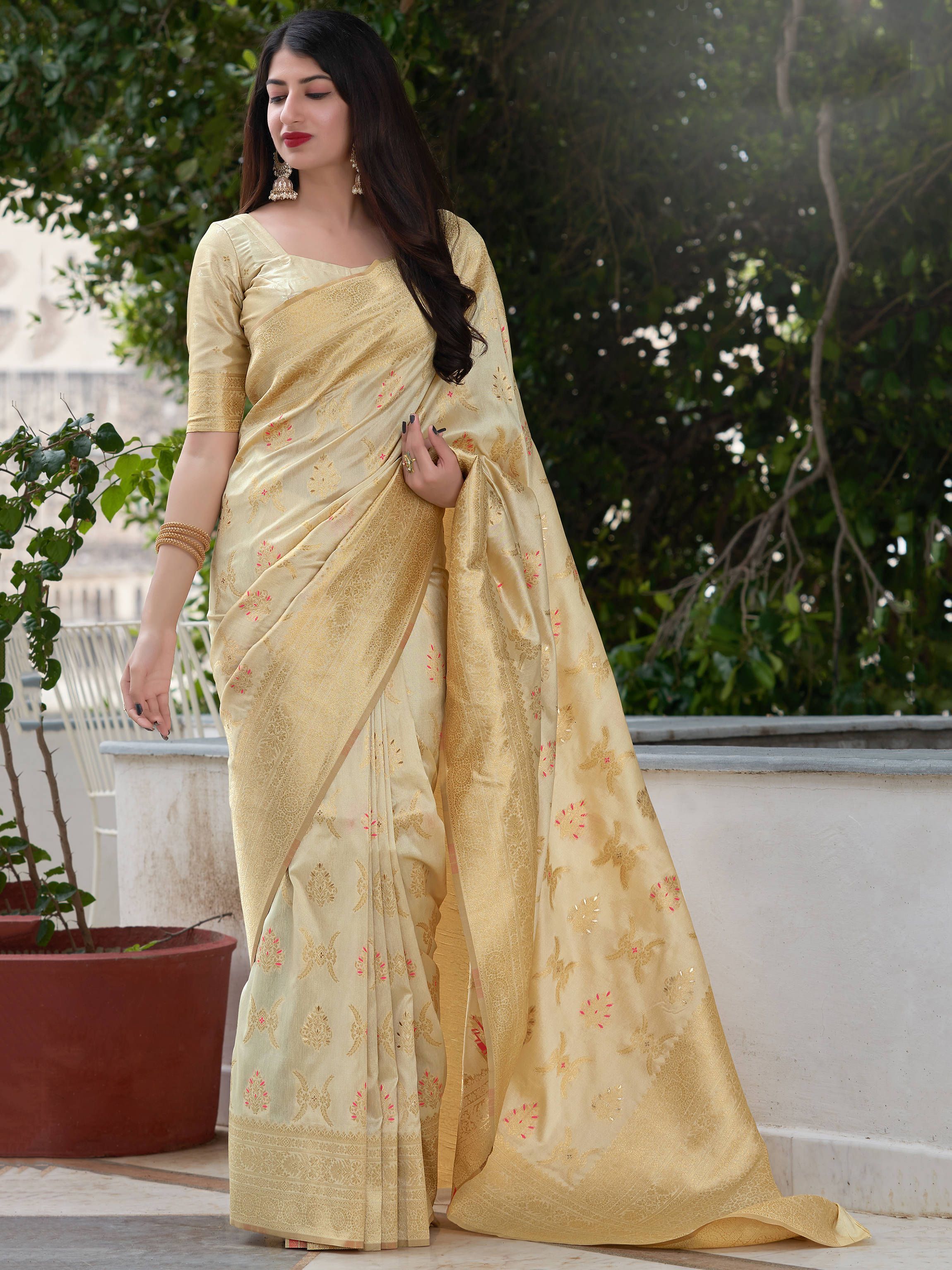 Golden Banarasi Silk Festive Wear Saree With Blouse