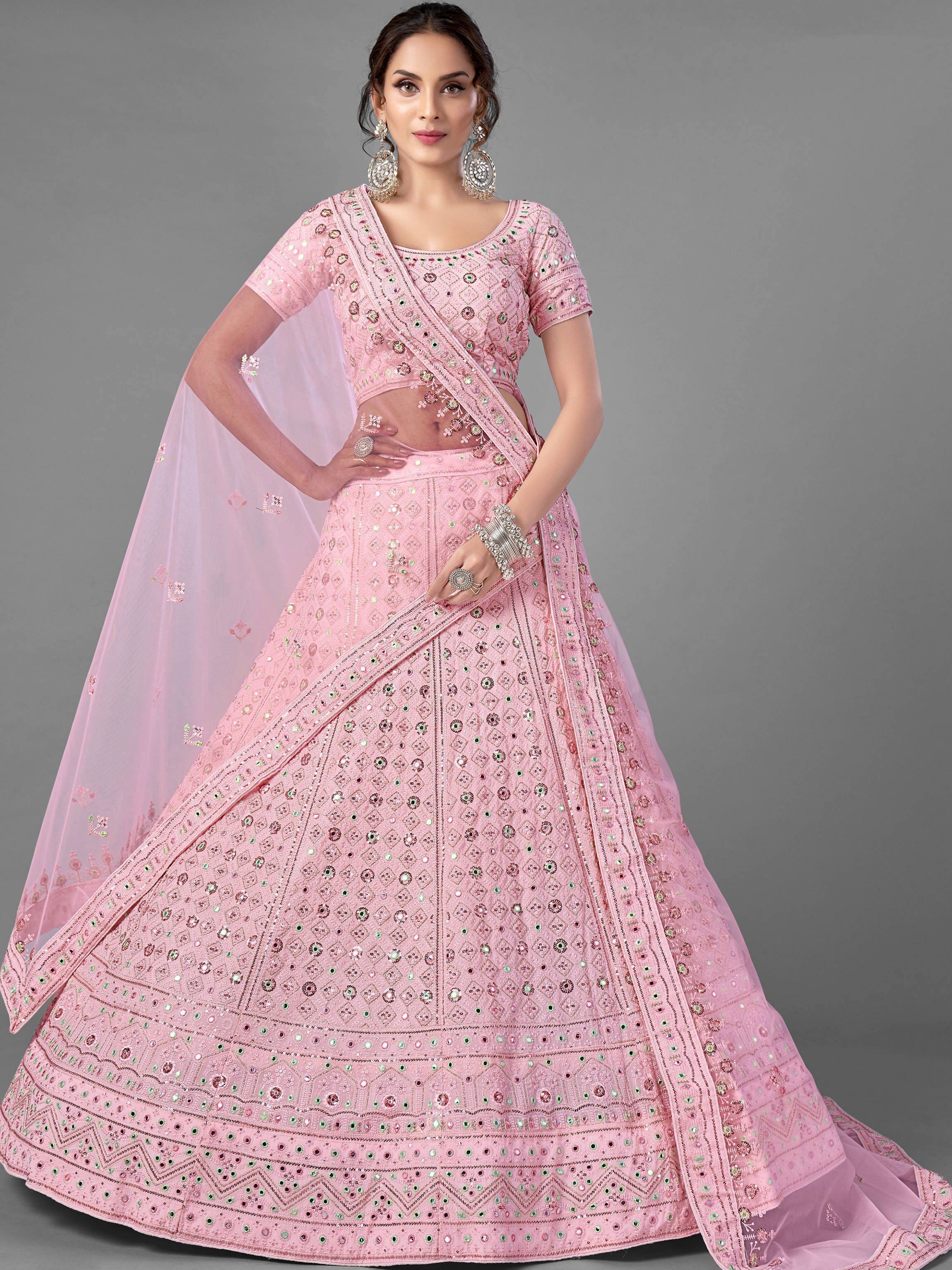 Pink Sequins Georgette Bridal Wear Lehenga Choli