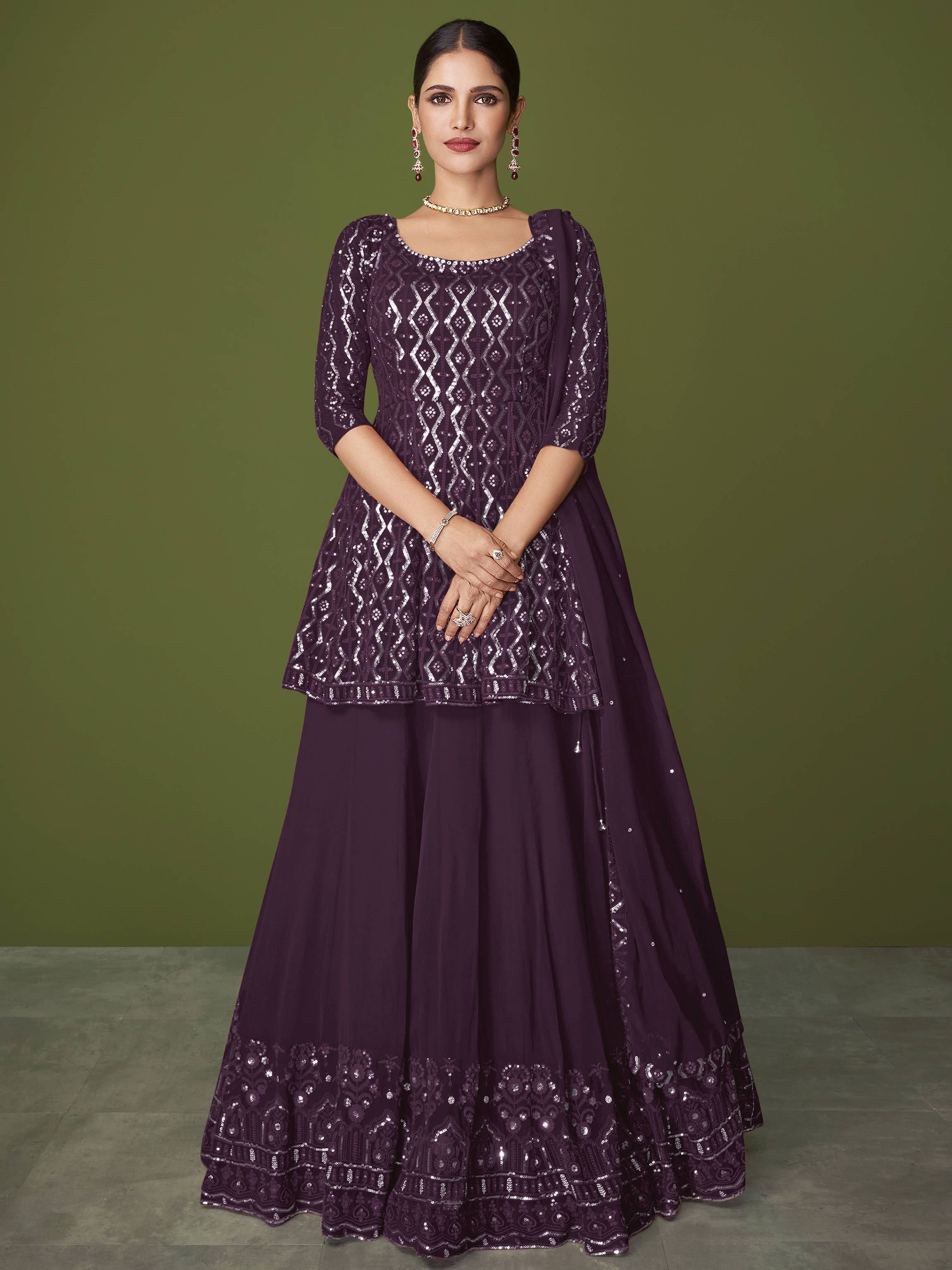 Amazing Purple Thread Embroidered Georgette Ready-Made Lehenga Suit
