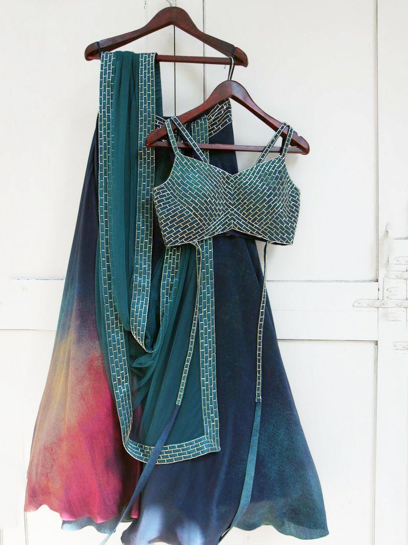Teal Blue Printed Crepe Silk Partywear Lehenga Choli With Dupatta (Default)