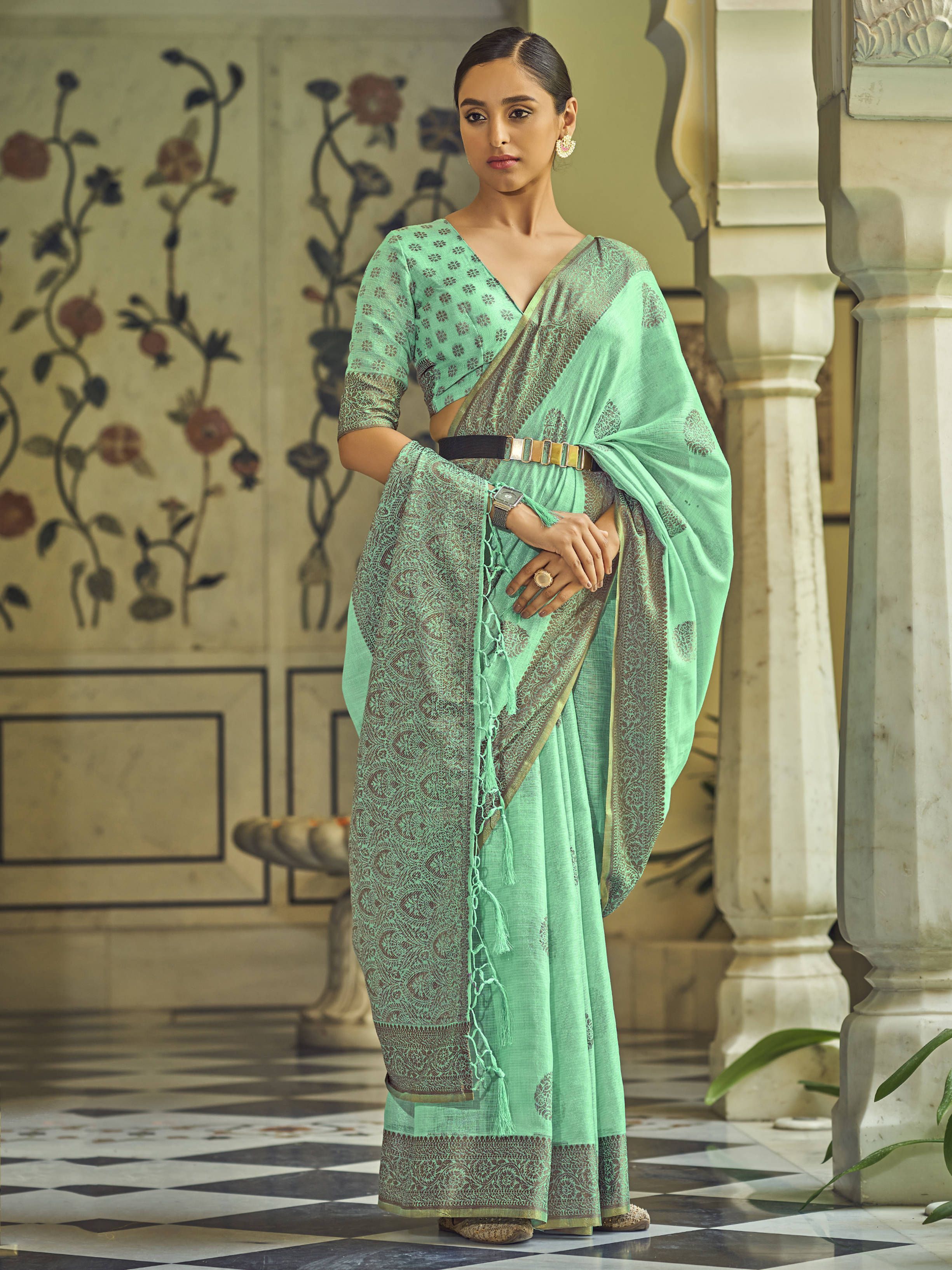 Incredible Marine Green Silk Linen Jacquard Weaving Saree With Belt 