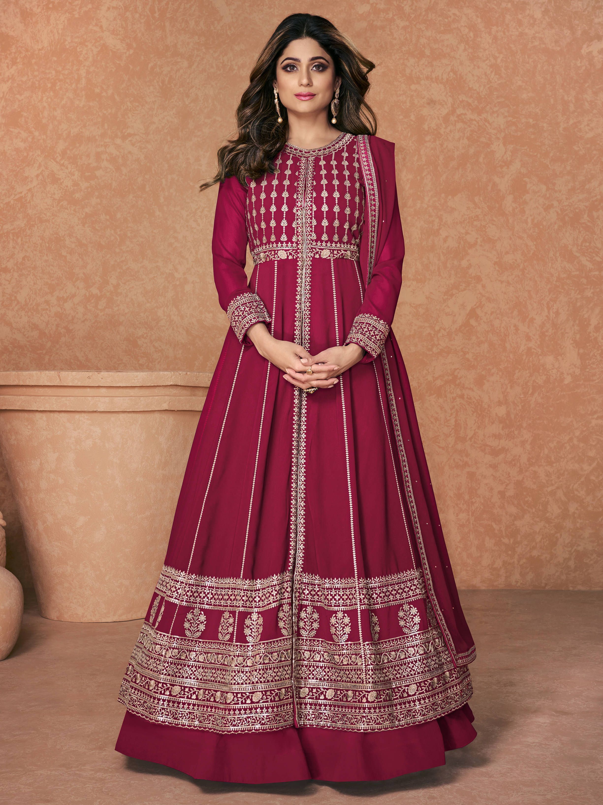 Attractive Red Embroidery Georgette Silk Readymade Anarkali Gown