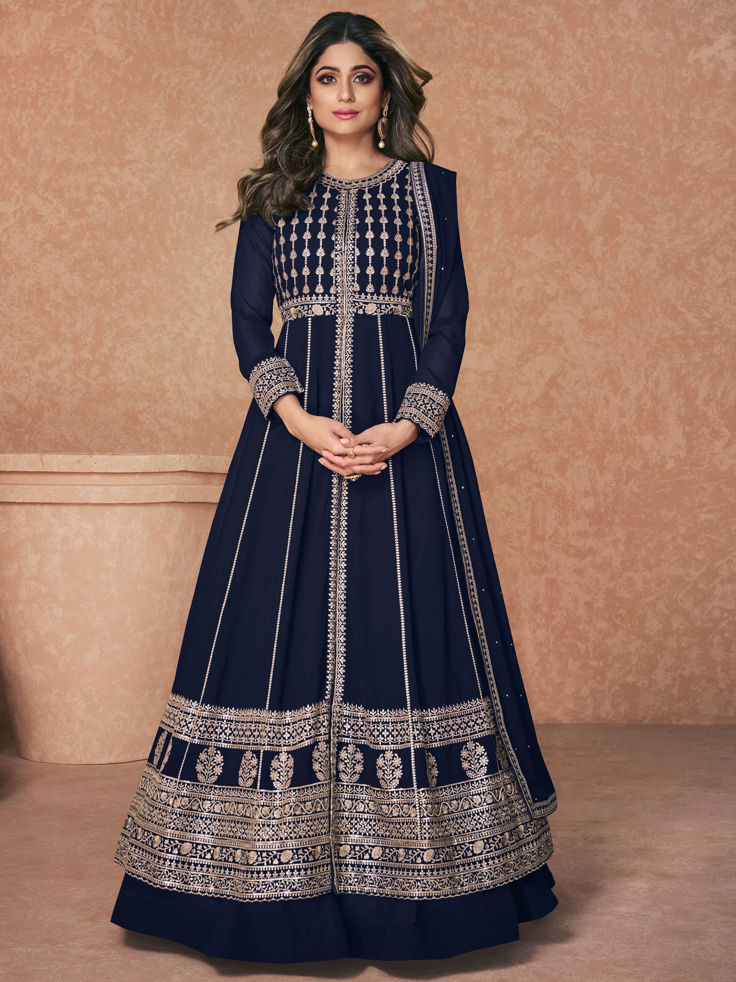 Alluring Navy Blue Embroidery Georgette Silk Readymade Anarkali Gown