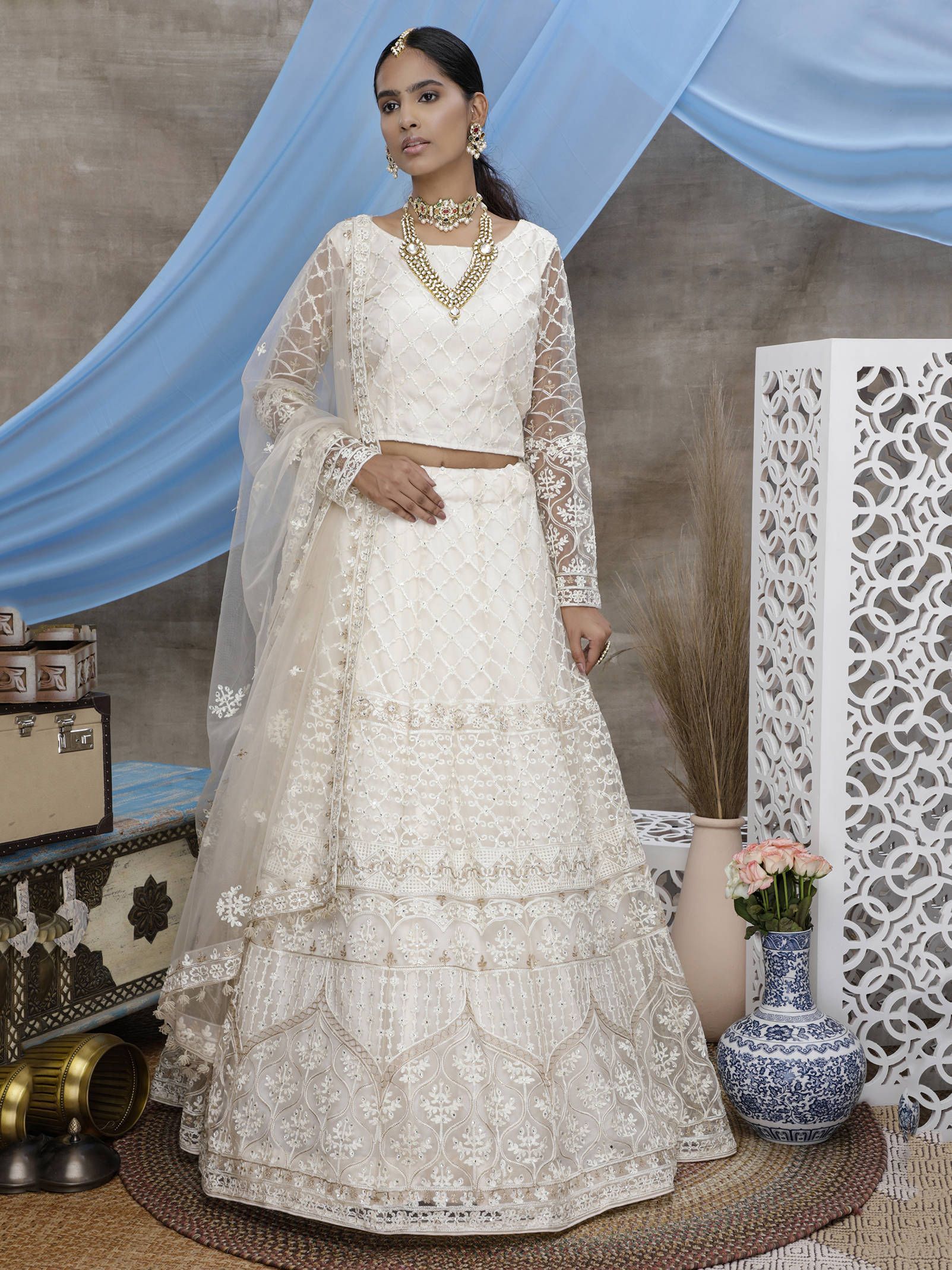 White Thread Worked Net Wedding Wear Lehenga Choli