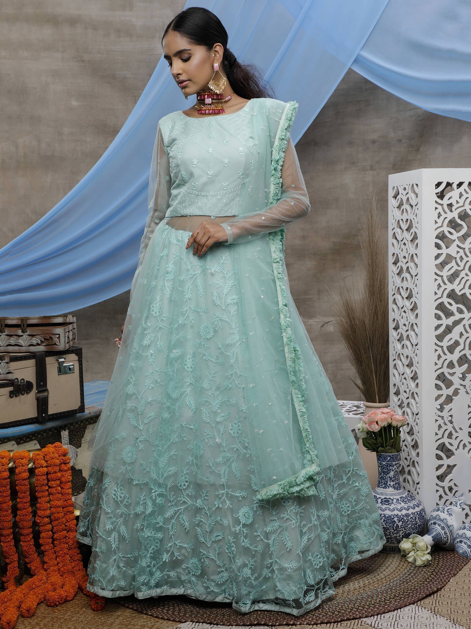 Aqua Blue Thread and Stone Work Net Long Party Wear Gown