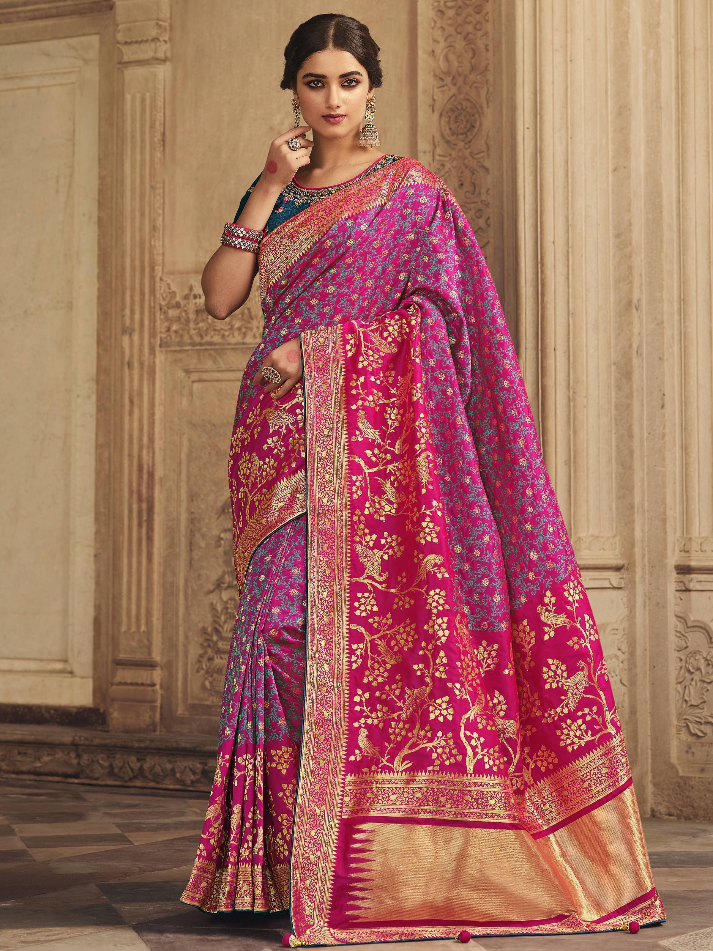 Breathtaking Pink Zari Weaving Silk Festival Wear Saree