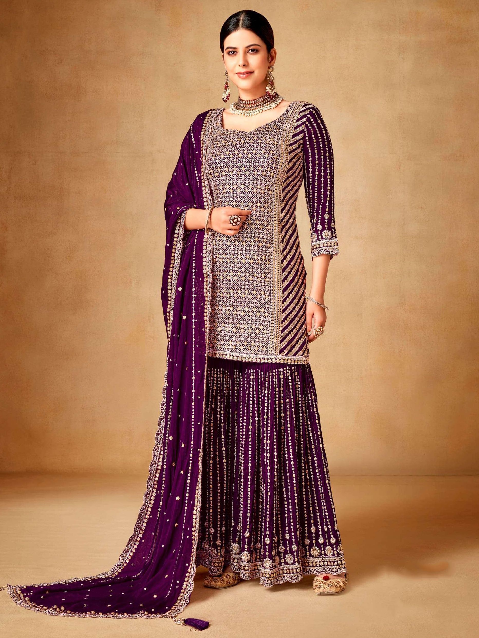 Glamorous Purple Sequins Chinon Function Wear Sharara Suit

