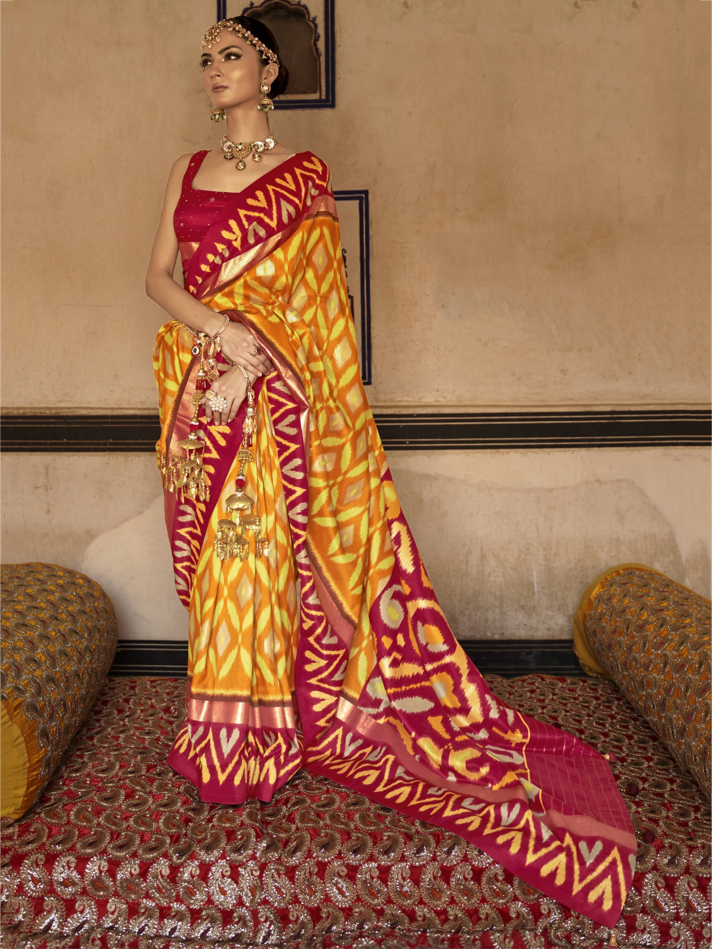 Yellow & Red Printed Patola Dola Silk Saree With Zari Border