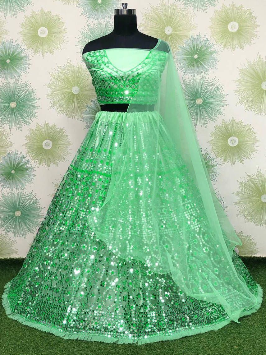 Green Sequins Net Party Wear Lehenga Choli