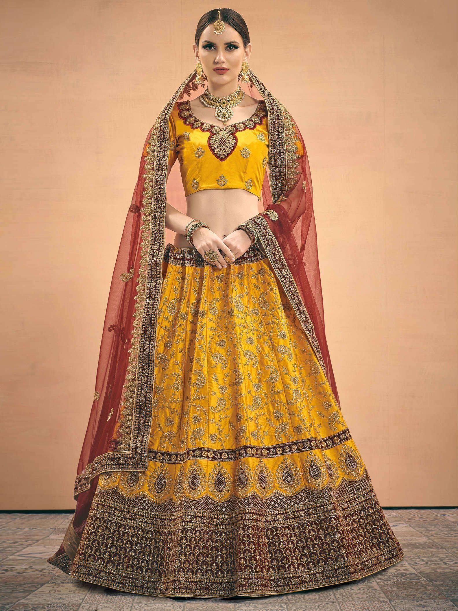 Mustard Yellow Embroidery Satin Silk Wedding Lehenga Choli With Maroon Dupatta
