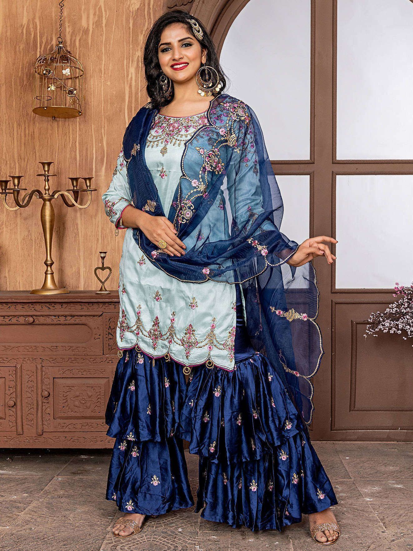 Ice Blue Embroidered Satin Pakistani Sharara Suit