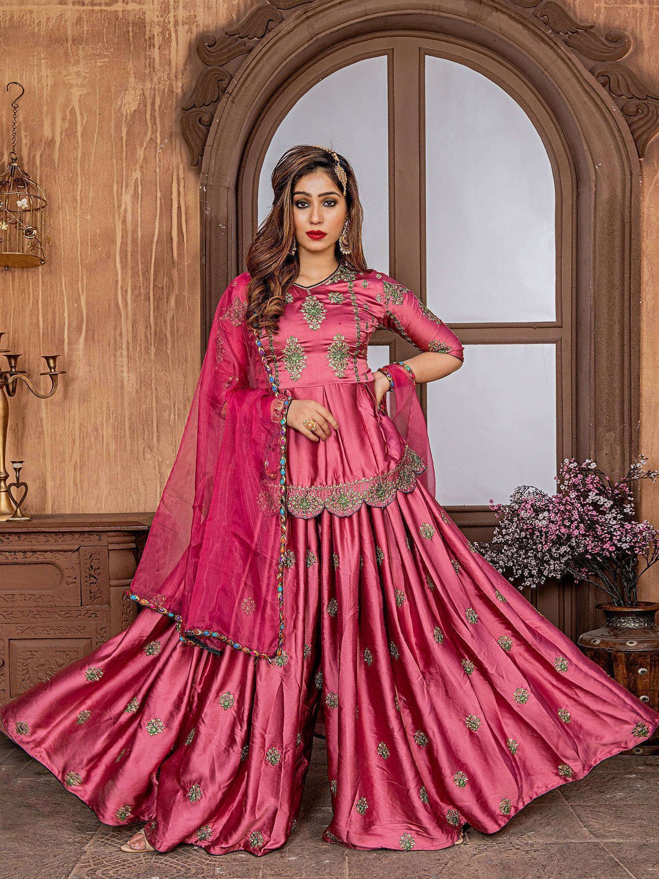 Pink Embroidered Satin Pakistani Sharara Suit