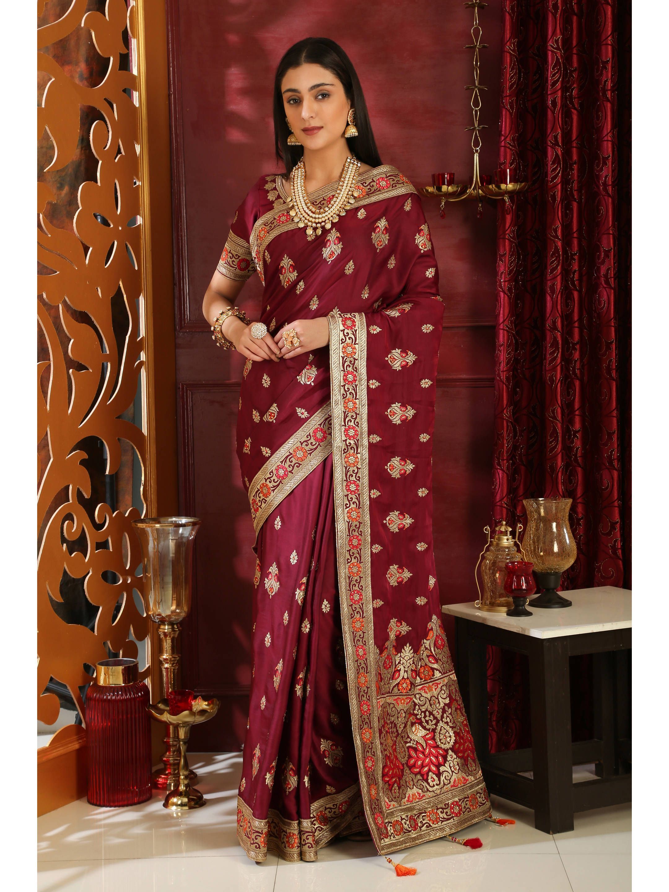 Maroon Silk Embroidered Saree With Blouse (Default)