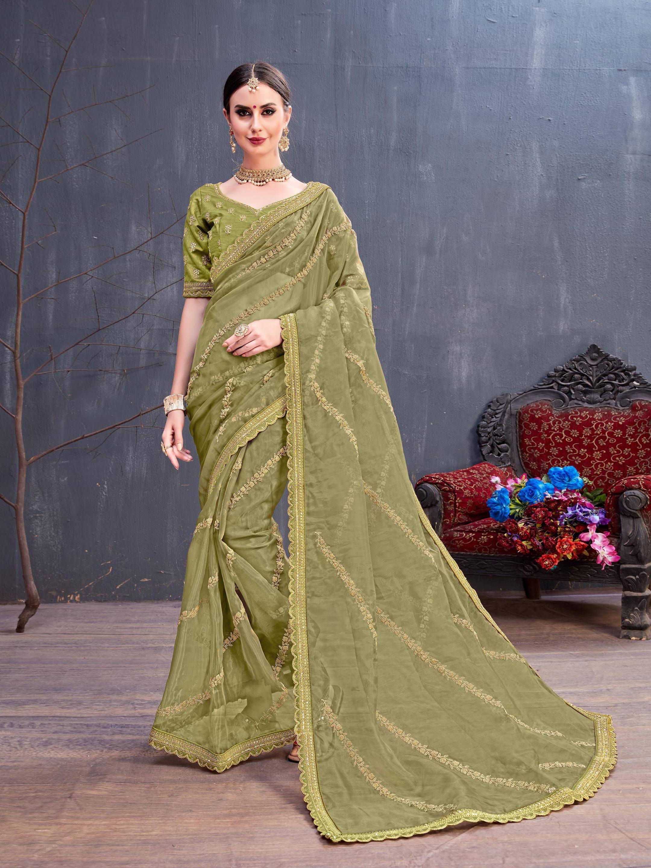 Turquoise Embroidered Organza Silk Partywear Saree