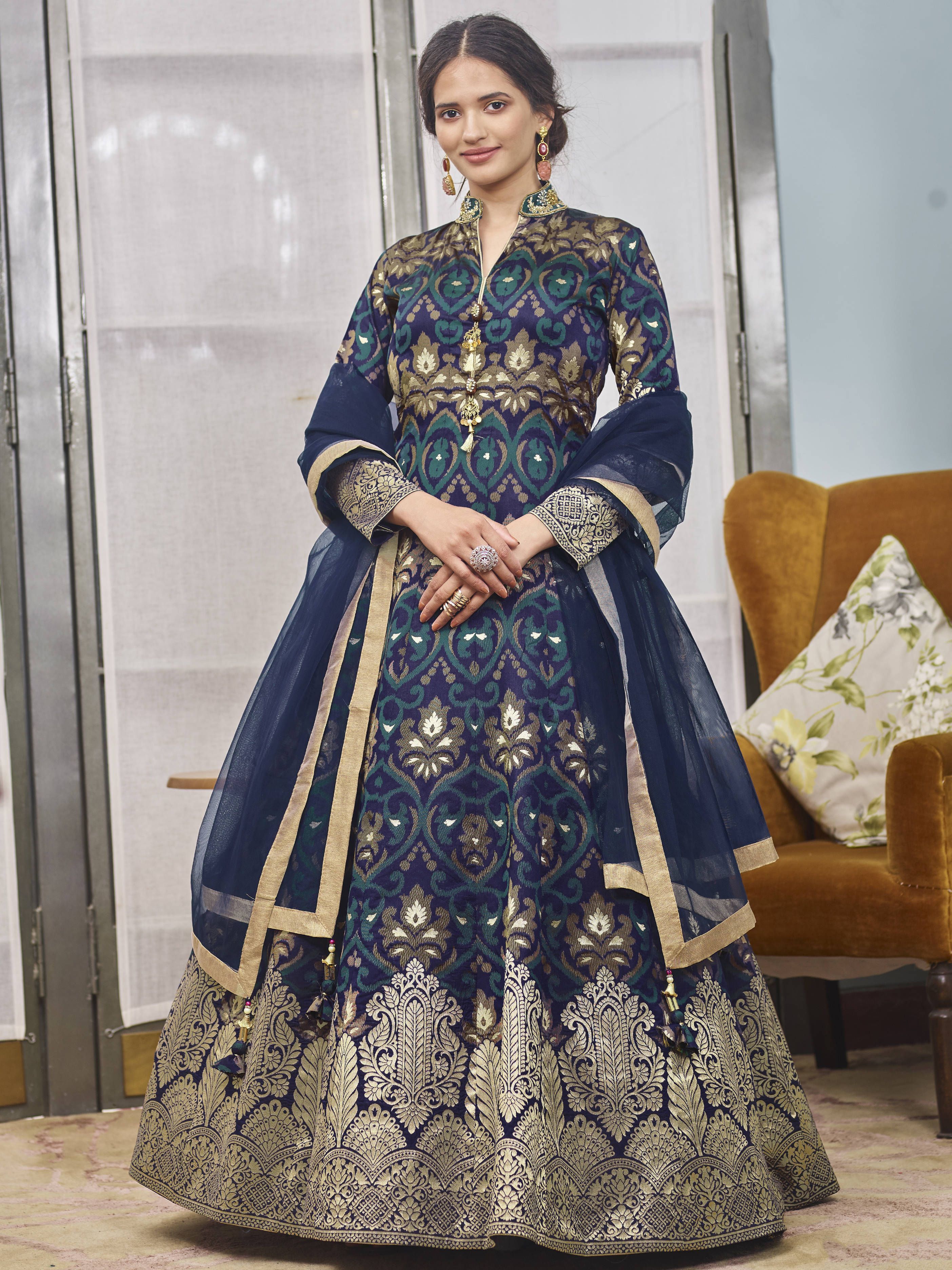 Navy Blue Jacquard Wedding Readymade Gown With Dupatta 