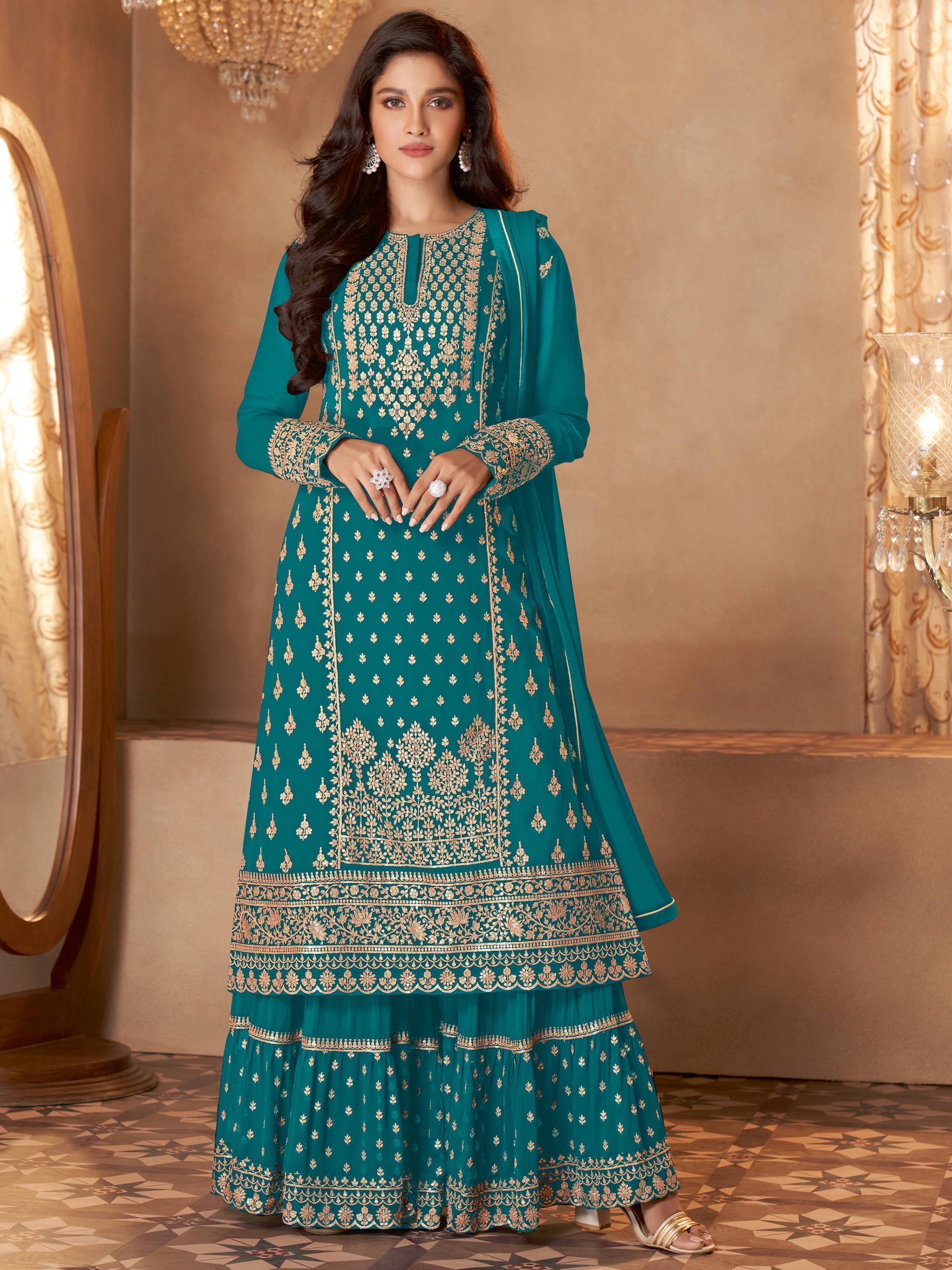 Teal Blue Embroidered Georgette Wedding Wear Sharara Suit