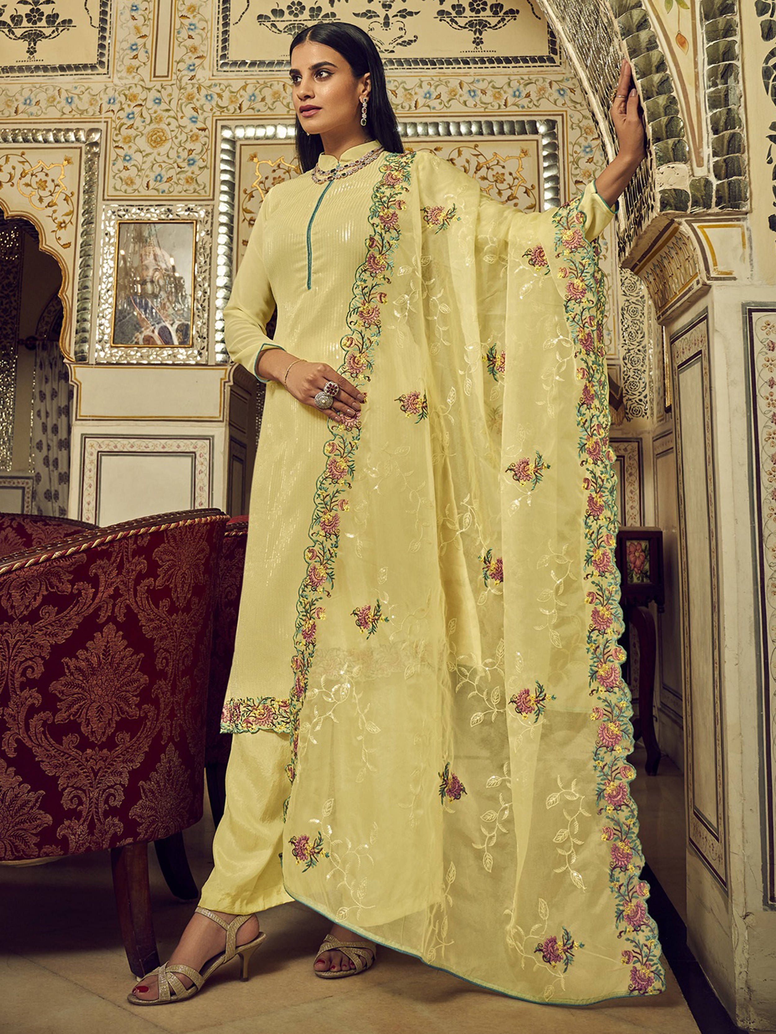 Heavenly Yellow Sequins Embroidered Georgette Festive Wear Salwar Suit