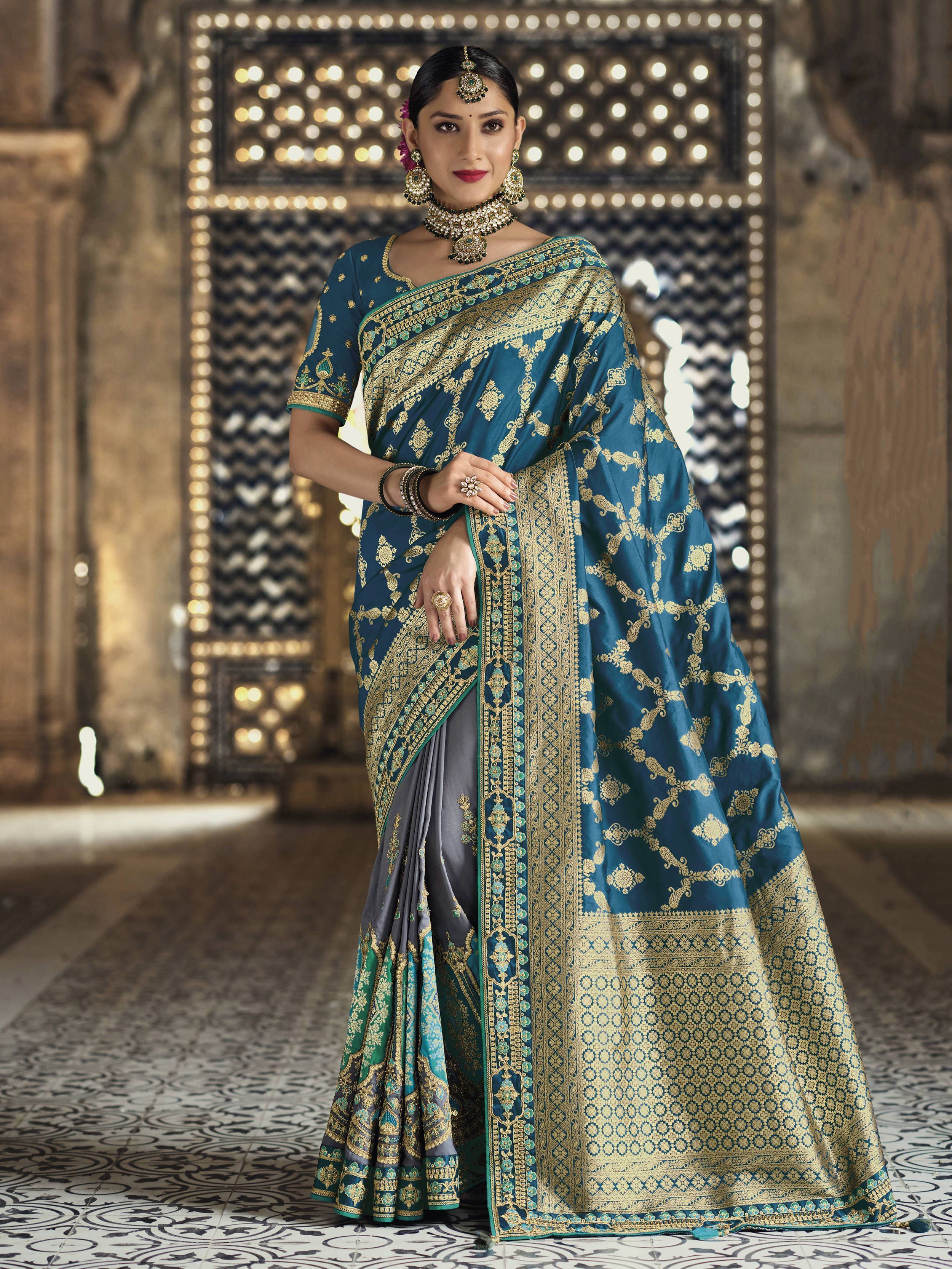 Marvelous Blue Embroidered Silk Wedding Wear Saree (Default)