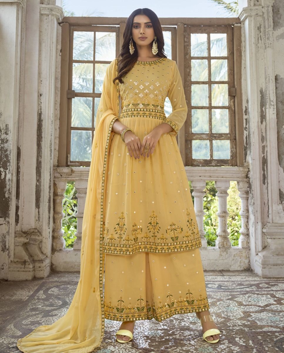 Gorgeous Sunshine Yellow Georgette Fancy Palazzo Suit