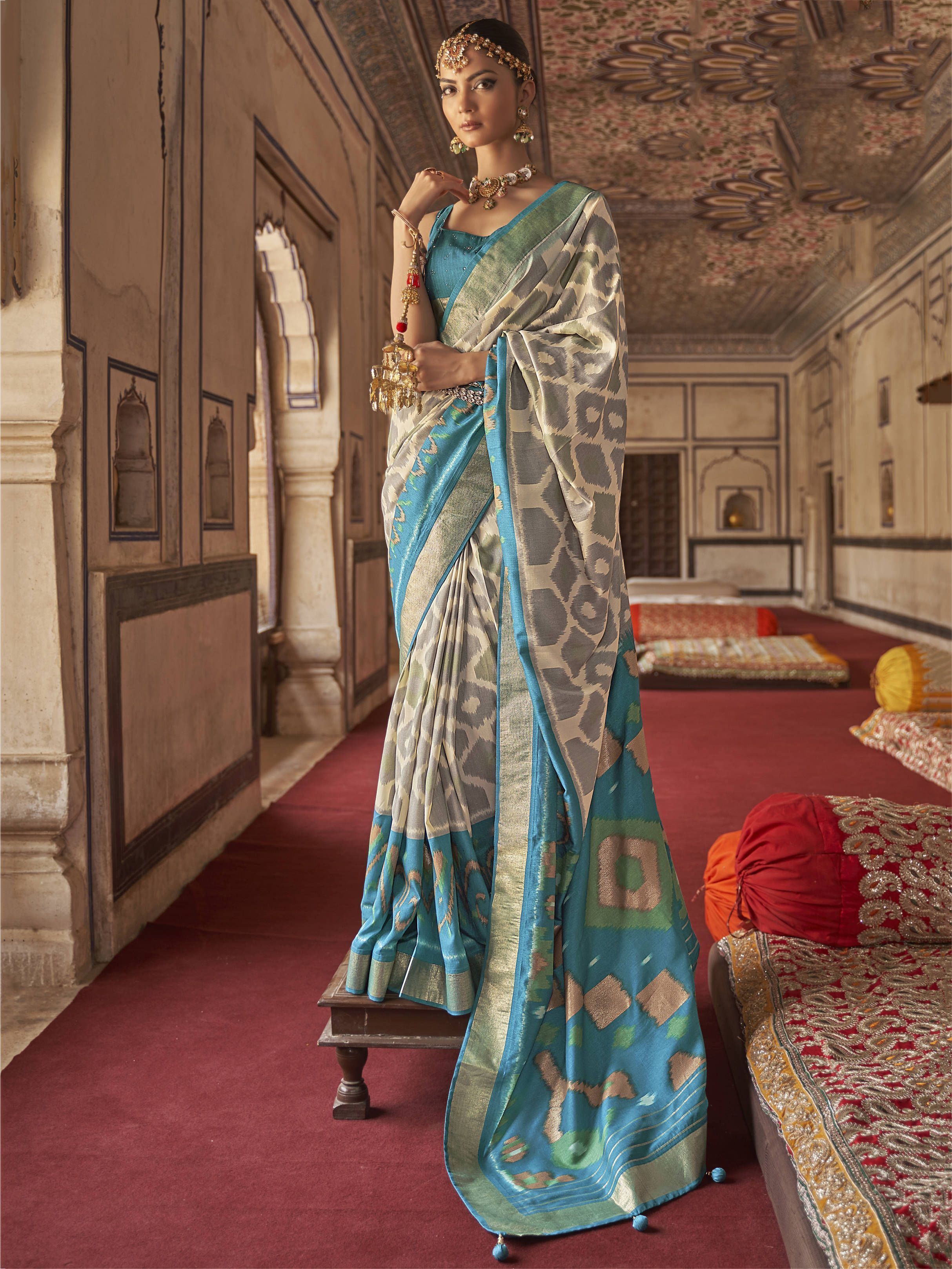 Off-White & Blue Patola Printed Silk Saree With Diamond Work Blouse