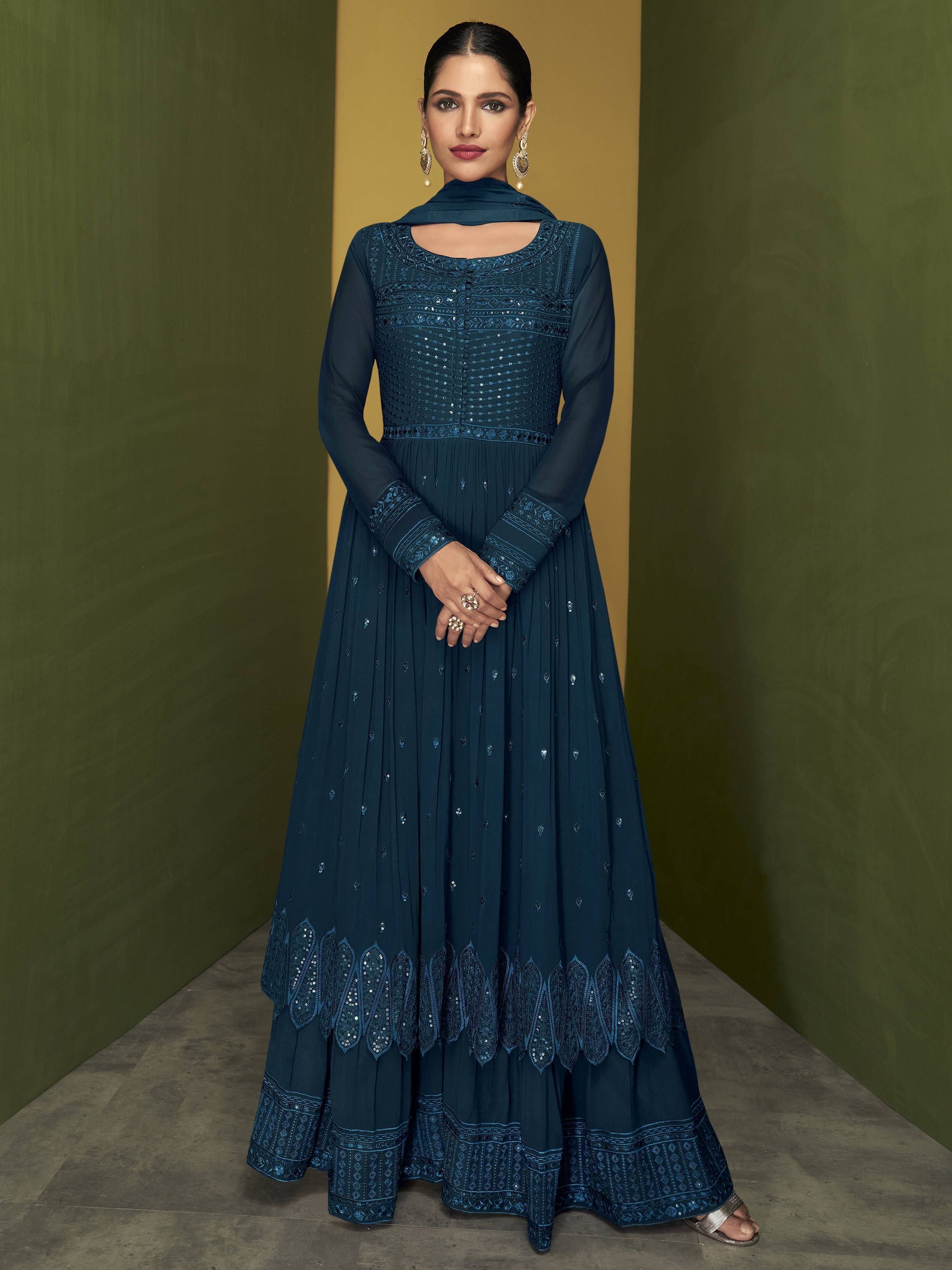 Attractive Blue Thread Georgette Festive Ready-Made Palazzo Suit