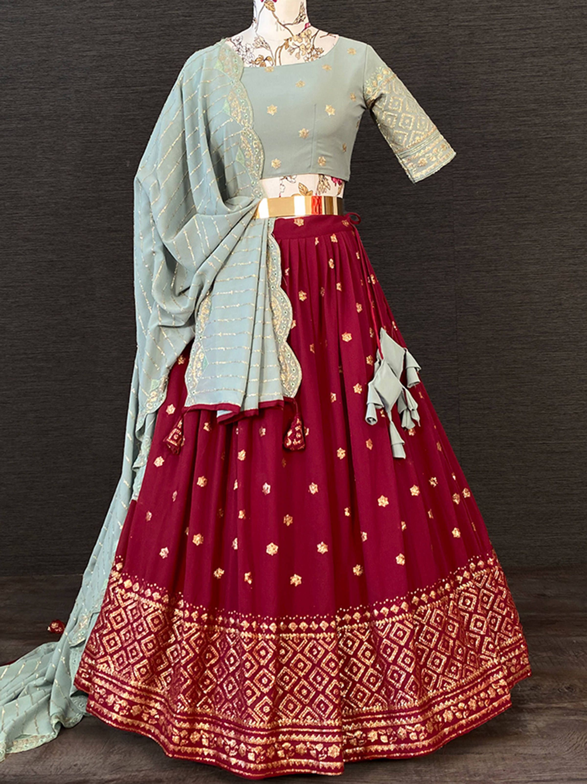 Lovely Maroon Sequins Embroidered Georgette Party Wear Lehenga Choli